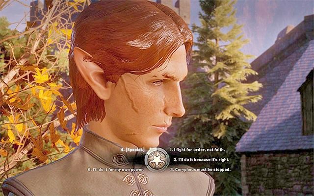 Zastanów się nad wyborem opcji dialogowej podczas ceremonii mianowania na lidera Inkwizycji - Dragon Age Inquisition: W twym sercu gorzeć będzie (In Your Heart Shall Burn) - Dragon Age: Inkwizycja - poradnik do gry