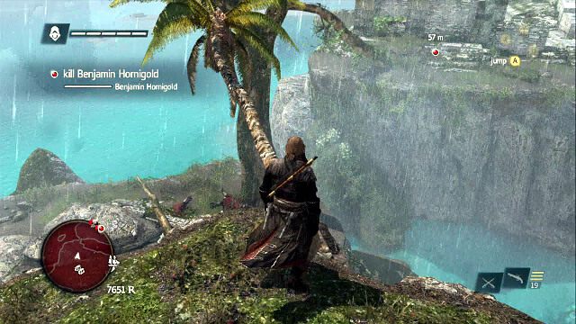 Ze szczytu wzgórza dostaniesz się na drugie wzniesienie, na którym jest Hornigold, po widocznych na screenie drzewach - Murder and Mayhem - Assassins Creed IV: Black Flag - poradnik do gry