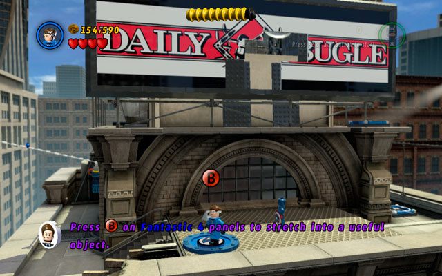 Gdy obie postaci znajdą się w tym samym miejscu, wyceluj tarczą Kapitana Ameryki w doktora Octopusa i rzuć w niego - Times Square Off | Opis przejścia LEGO Marvel Super Heroes - LEGO Marvel Super Heroes - poradnik do gry