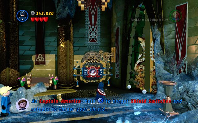 Gdy Loki ucieknie, ze szczątków po prawej ułóż urządzenie dla Kapitana Ameryki, po czym rzuć w nie tarczą - Bifrosty Reception | Opis przejścia LEGO Marvel Super Heroes - LEGO Marvel Super Heroes - poradnik do gry
