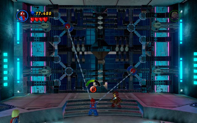 Przejdź drugim bohaterem pod przeciwległą ścianę i pociągnij za identyczny uchwyt - Magnetic Personality | Opis przejścia LEGO Marvel Super Heroes - LEGO Marvel Super Heroes - poradnik do gry