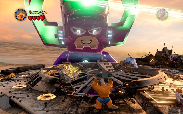 Po rozpoczęciu misji wybierz Stwora, po czym podejdź do urządzenia z zielonymi uchwytami po lewej - The Good, the Bad and the Hungry | Opis przejścia LEGO Marvel Super Heroes - LEGO Marvel Super Heroes - poradnik do gry