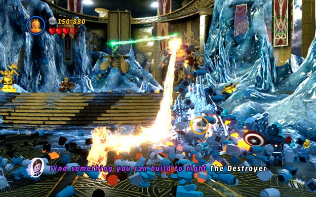 Kiedy na arenie pojawi się bryła lodu, roztop ją Ludzką Pochodnią i ze szczątków zbuduj kolejny podest dla Kapitana Ameryki - Loki | Bossowie w LEGO Marvel Super Heroes - LEGO Marvel Super Heroes - poradnik do gry