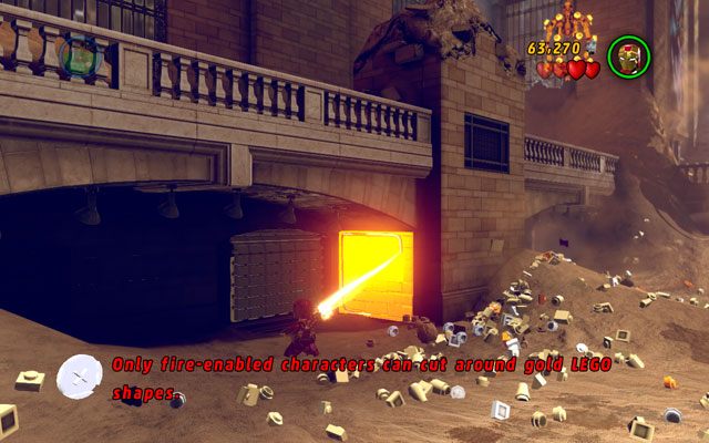 Kiedy przeciwnik zacznie strzelać do Ciebie z dział, skręć w lewo i podejdź postacią z miotaczem (np - Sand Central Station | Zestawy MiniKit w LEGO Marvel Super Heroes - LEGO Marvel Super Heroes - poradnik do gry