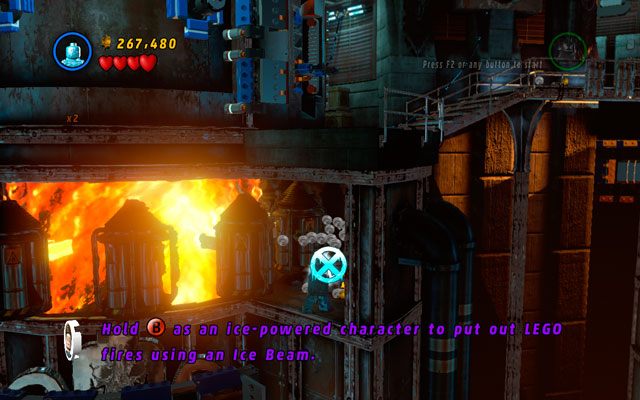 Podejdź do jednej z ognistych maszyn (tej, do której trzeba strzelać Hawkeyem) i zleć na jej dolne piętro - Red Head Detention | Zestawy MiniKit w LEGO Marvel Super Heroes - LEGO Marvel Super Heroes - poradnik do gry