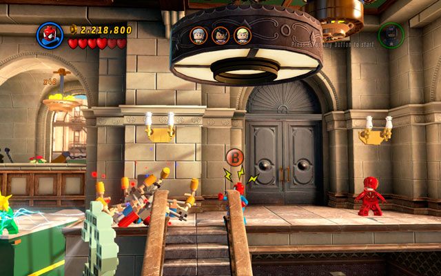 Wskocz Spider-Manem na balustradę powyżej i użyj szóstego zmysłu aby wykryć dwa uchwyty na zawalisku obok - A Shock Withdrawal | Bonusowe misje Deadpoola | LEGO Marvel Super Heroes - LEGO Marvel Super Heroes - poradnik do gry