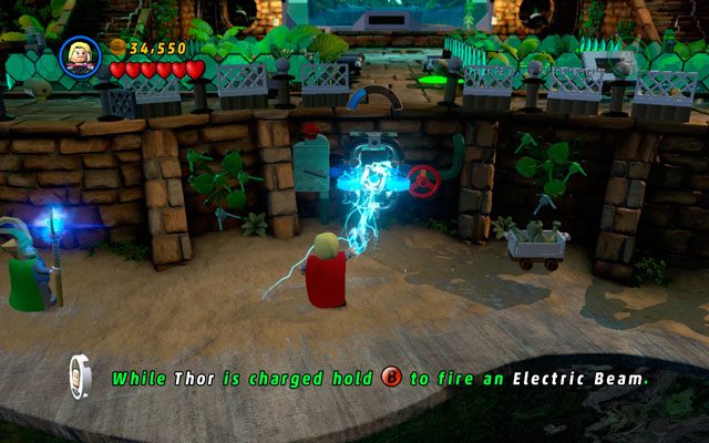 Zejdź na dół jako Thor, naładowując akumulator naprzeciwko, po czym odczekaj, aż pojawi się metalowa klatka z czerwonym klockiem X8 - Reptilian Ruckus | Znajdźki na bonusowych poziomach | LEGO Marvel Super Heroes - LEGO Marvel Super Heroes - poradnik do gry