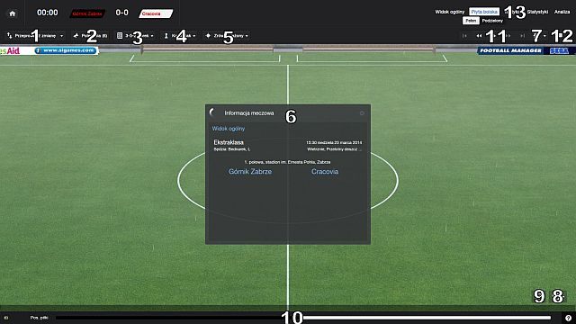 Oto ekran spotkania, widok na płytę boiska - Interfejs meczowy w Football Manager 2014 | Mecz - Football Manager 2014 - poradnik do gry