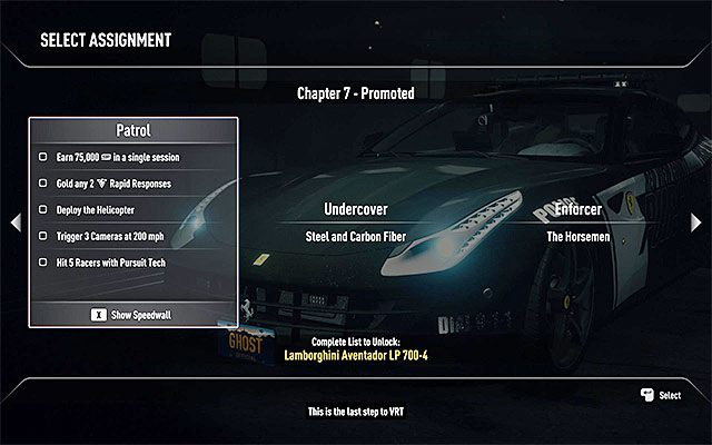Tryb kariery stróża prawa (Cop) podzielony jest na rozdziały i chcąc awansować do kolejnych rozdziałów musisz zaliczać wszystkie czynności z wybieranych przez siebie list zadań (Assignment) - Postępy w karierze | Kariera stróża prawa (Cop) w Need for Speed Rivals - Need for Speed Rivals - poradnik do gry