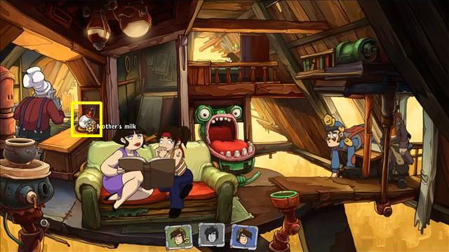 Otwórz szafkę i zabierz pudełko z lunchem, rozpakuj je w ekwipunku - znajdziesz buteleczkę z hormonami - Zdobądź obrazek Elizjum | Na ratunek Goal i Deponii | Goodbye Deponia - Goodbye Deponia - poradnik do gry
