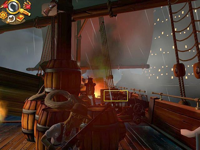 Ponownie wróć za maszt, przejdź na lewą burtę, a stamtąd do tylnej części statku (w głębi po prawej) - Wyeliminuj bandytów | Prison Island, Szanghaj, 1899 | Jack Keane 2 - Jack Keane 2: The Fire Within - poradnik do gry