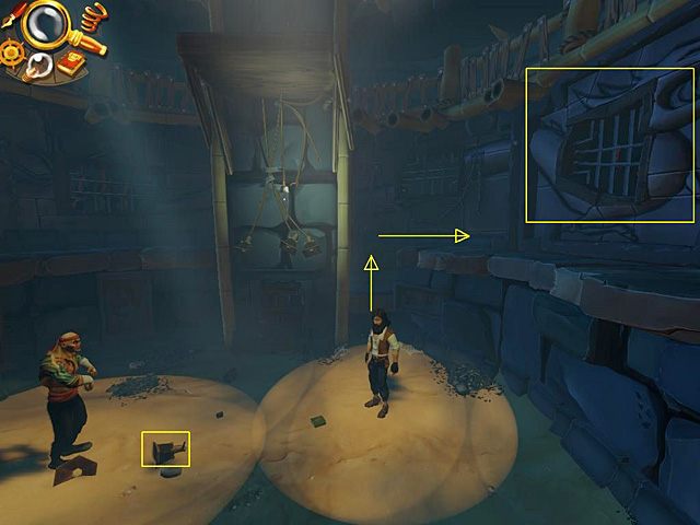 Wśród nich trafi się megafon - zeskocz na plac walki i podnieś go, gdyż za moment okaże się przydatny - Pokonaj Łamacza Czaszek | Prison Island, Szanghaj, 1899 | Jack Keane 2 - Jack Keane 2: The Fire Within - poradnik do gry