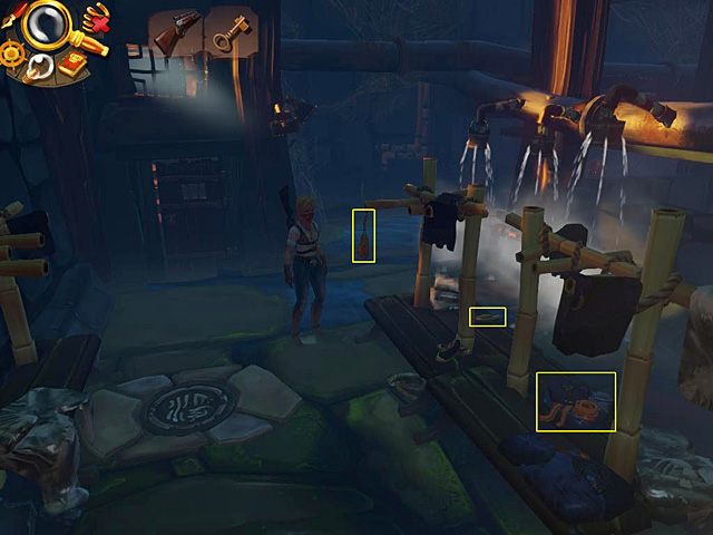 Kiedy myjący się strażnicy uciekną na widok Amandy, podejdź do pryszniców i weź wiszącą po lewej gąbkę, mnóstwo chińskich juanów leżących z lewej strony ławy oraz uniform jednego ze strażników (z jej prawej strony) - Dostań się na piętro Jacka | Prison Island, Szanghaj, 1899 | Jack Keane 2 - Jack Keane 2: The Fire Within - poradnik do gry