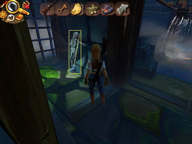 Przejdź w lewo i weź stojący tam w kącie obok szkieletu mop - Dostań się na piętro Jacka | Prison Island, Szanghaj, 1899 | Jack Keane 2 - Jack Keane 2: The Fire Within - poradnik do gry