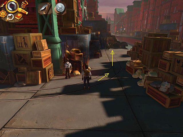 Maszeruj teraz w głąb ekranu, tak jak biegną szyny - Dowiedz się, gdzie ukryty jest amulet szamana | Hamburg, Niemcy | Jack Keane 2 - Jack Keane 2: The Fire Within - poradnik do gry