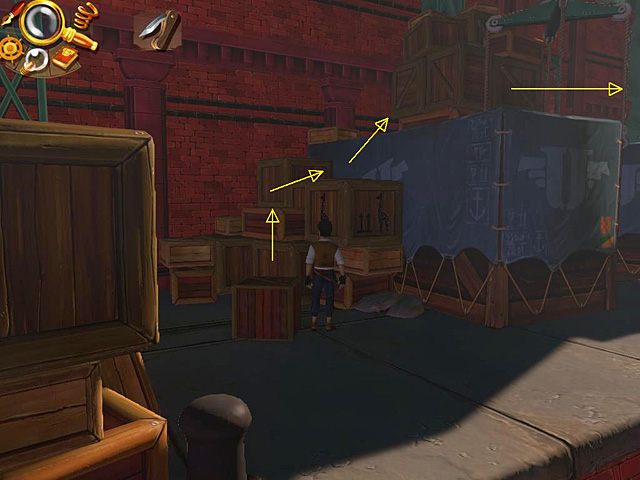 Teraz maszeruj w lewo, gdzie przy pierwszej wielkiej skrzyni okrytej plandeką stoi sterta przylegających do niej małych - Znajdź brakującą część amuletu | Hamburg, Niemcy | Jack Keane 2 The Fire Within - Jack Keane 2: The Fire Within - poradnik do gry