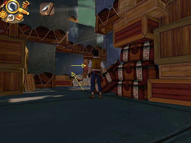 Zeskocz na ziemię i maszeruj w głąb pomieszczenia, gdzie po prawej rozciąga się dalsza część magazynu - Znajdź brakującą część amuletu | Hamburg, Niemcy | Jack Keane 2 The Fire Within - Jack Keane 2: The Fire Within - poradnik do gry