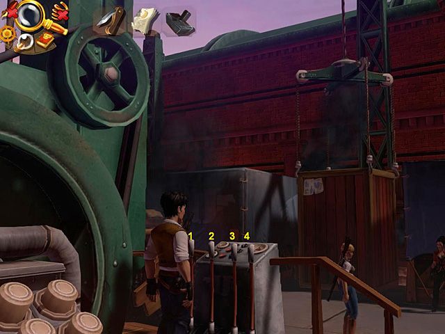 Przejdź zatem do pulpitu sterowniczego dźwigu i przesuń pierwszy drążek (w górę; pamiętaj, że Jack czasem go zasłania i nie pomyl go z drugim), czwarty drążek (w prawo) i jeszcze raz pierwszy (w dół) - Skompletuj załogę | Hamburg, Niemcy | Jack Keane 2 The Fire Within - Jack Keane 2: The Fire Within - poradnik do gry