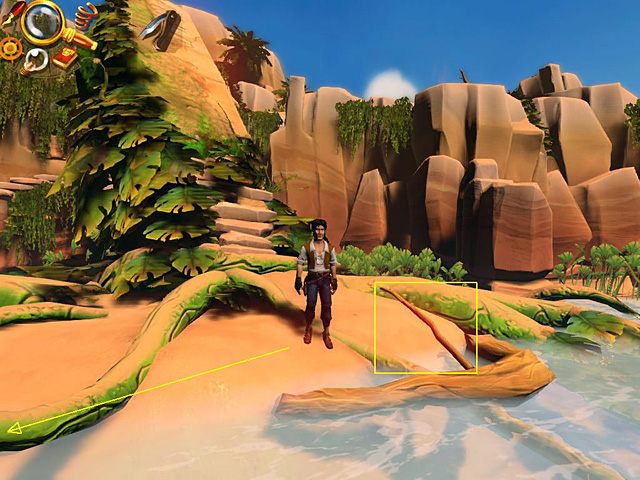 Kiedy Jack opuści statek, zawróć nieco i ułam wystającą z wody długą gałąź, po czym skieruj się w lewo, przeskakując (jeśli wymaga tego sytuacja) przez utrudniające poruszanie się korzenie - Znajdź drogę do następnego fragmentu amuletu | Afryka, brzeg Nilu | Jack Keane 2 - Jack Keane 2: The Fire Within - poradnik do gry