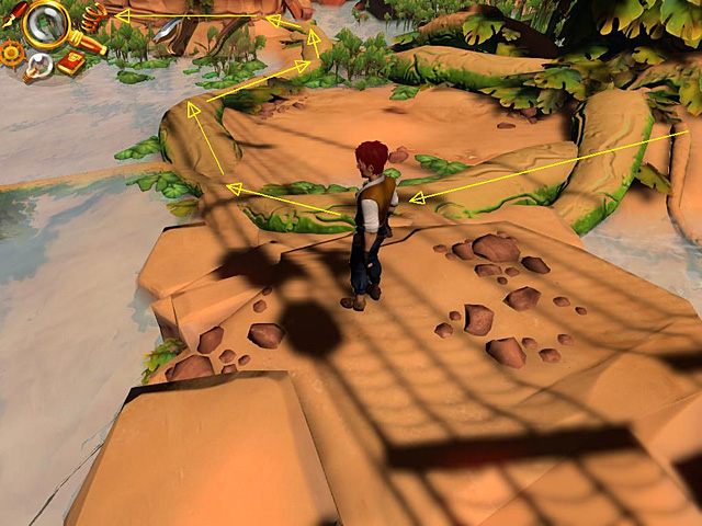 Maszeruj po płożącym się po ziemi, przysypanym piaskiem grubym konarze, aż dotrzesz do skał po lewej - Znajdź drogę do następnego fragmentu amuletu | Afryka, brzeg Nilu | Jack Keane 2 - Jack Keane 2: The Fire Within - poradnik do gry