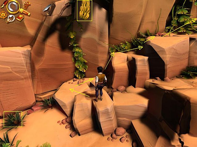 Za pomocą noża odetnij jeden z dwu rosnących przy kamiennych schodach ananasów - Znajdź drogę do następnego fragmentu amuletu | Afryka, brzeg Nilu | Jack Keane 2 - Jack Keane 2: The Fire Within - poradnik do gry