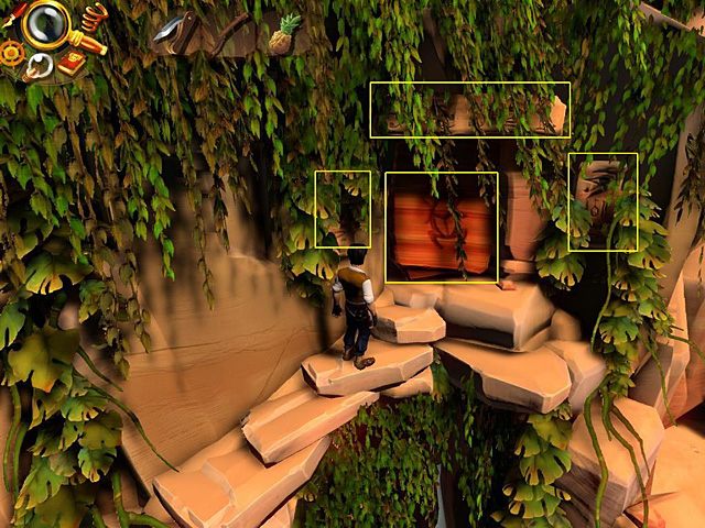 Kiedy dojdziesz na sam szczyt (przeskakuj ze stopnia na stopień, tam gdzie Jack nie chce iść normalnie), przyjrzyj się hieroglifom wyrytym na trzech tablicach przy wejściu do groty (nad nim oraz z jego lewej i prawej strony), po czym spróbuj popchnąć zagradzającą dostęp do wnętrza płytę z symbolem s - Znajdź drogę do następnego fragmentu amuletu | Afryka, brzeg Nilu | Jack Keane 2 - Jack Keane 2: The Fire Within - poradnik do gry