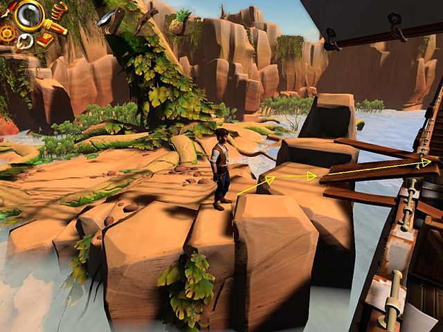 Zejdź po schodach i maszeruj w prawo, aż wrócisz w pobliże statku, gdzie wskocz na skalisty występ przy burcie i przejdź po tworzących trap deskach - Dostań się do groty | Afryka, brzeg Nilu | Jack Keane 2 The Fire Within - Jack Keane 2: The Fire Within - poradnik do gry