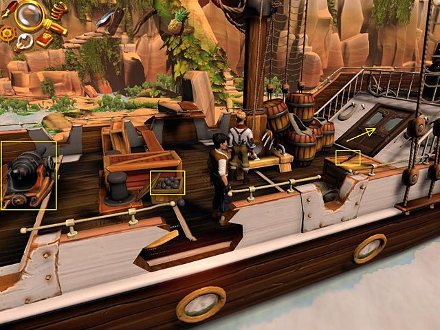 Teraz udaj się do kambuza po podkładem (wejście poniżej stojącej przy sterze Amandy), po drodze zabierając leżącą na skrzynce po prawej pochodnię - Dostań się do groty | Afryka, brzeg Nilu | Jack Keane 2 The Fire Within - Jack Keane 2: The Fire Within - poradnik do gry