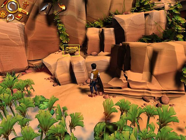 Wyjdź z widoku celowania (kliknij armatę stosowną ikonką), opuść statek (wyjście pomiędzy skrzynką pełną kul a Carlem - trzeba wskoczyć na stanowiące trap deski) i maszeruj w lewo po dojrzałe banany, który spadły na kamienne schody, niedaleko miejsca, gdzie rosną ananasy - Dostań się do groty | Afryka, brzeg Nilu | Jack Keane 2 The Fire Within - Jack Keane 2: The Fire Within - poradnik do gry