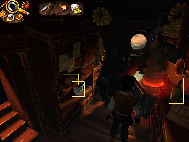 Wręcz mu je, a Jack zostanie obdarowany lunchem w postaci kanapki z bananem i bez problemu będzie mógł wziąć butelkę bananowego oleju wysokiej jakości (po prawej) - Dostań się do groty | Afryka, brzeg Nilu | Jack Keane 2 The Fire Within - Jack Keane 2: The Fire Within - poradnik do gry