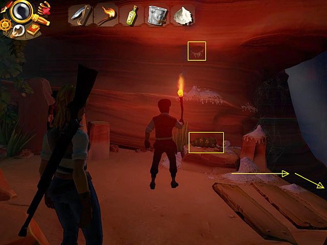 Jeśli skorzystasz z pomocy Eve, po ucieczce nietoperzy z otworu w ścianie jaskini wypełznie tłusta żarłoczna gąsienica - Przeprowadź grupę przez grotę | Afryka, brzeg Nilu | Jack Keane 2 - Jack Keane 2: The Fire Within - poradnik do gry