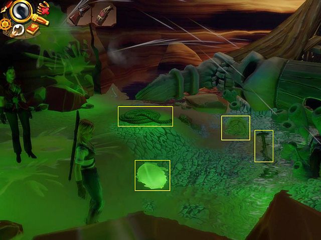 Rozejrzyj się więc wokół i podnieś leżącą nieopodal linę, a z wody (po prawej) wyciągnij słoneczny zegar bez wskazówek, łopatę oraz ostry i lepki liść wielkiej rośliny - Ucieknij z jaskini | Afryka, brzeg Nilu | Jack Keane 2 The Fire Within - Jack Keane 2: The Fire Within - poradnik do gry