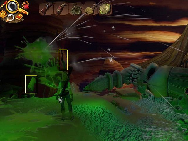 Przejdź w lewo i włóż deskę w szparę pomiędzy dwoma głazami - przy skale, z której tryskają strugi wody - Ucieknij z jaskini | Afryka, brzeg Nilu | Jack Keane 2 The Fire Within - Jack Keane 2: The Fire Within - poradnik do gry