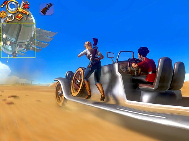 Przejdź na lewą zewnętrzną stronę samochodu i skieruj się maksymalnie do przodu - Dogoń zeppelina | Afryka, sawanna | Jack Keane 2 The Fire Within - Jack Keane 2: The Fire Within - poradnik do gry