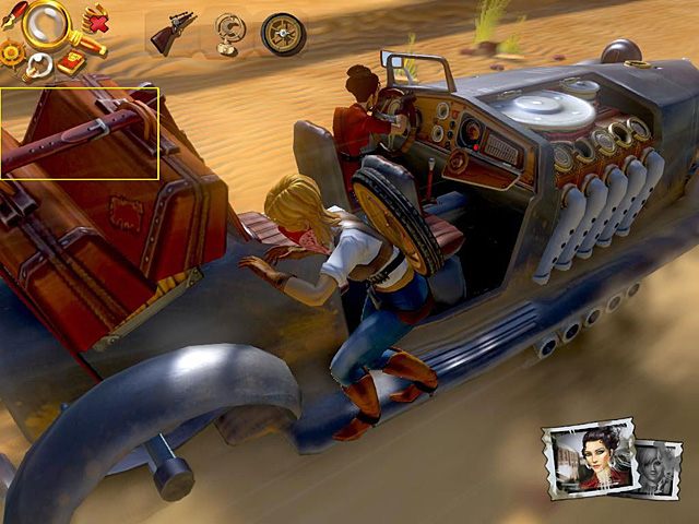 Następnie przejdź na prawą stronę auta i zwróć się w kierunku bagażnika, po czym rozepnij pasek, którym przymocowane są bagaże Eve - Przygotuj się do zmiany koła i uwolnij Jacka | Afryka, sawanna | Jack Keane 2 - Jack Keane 2: The Fire Within - poradnik do gry