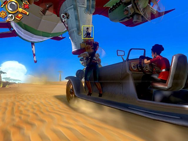 Przejdź na lewą stronę auta, podejdź maksymalnie do przodu i najpierw zagadnij Jacka przywiązanego do zeppelina, a potem do niego strzel - Przygotuj się do zmiany koła i uwolnij Jacka | Afryka, sawanna | Jack Keane 2 - Jack Keane 2: The Fire Within - poradnik do gry