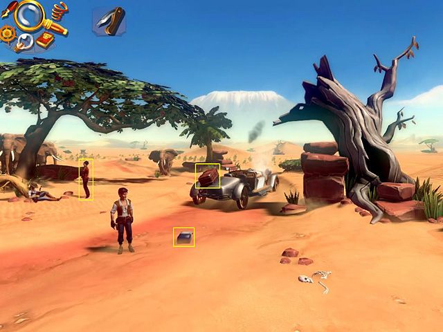 Na początek weź kanister z wodą leżący na piasku (przed autem) - Dowiedz się, co popsuło się w aucie Carla i napraw to | Afryka, sawanna | Jack Keane 2 - Jack Keane 2: The Fire Within - poradnik do gry