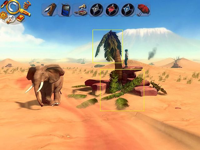 Maszeruj w głąb lokacji, w stronę słoni, na prawo od których rośnie cienista palma - Dowiedz się, co popsuło się w aucie Carla i napraw to | Afryka, sawanna | Jack Keane 2 - Jack Keane 2: The Fire Within - poradnik do gry