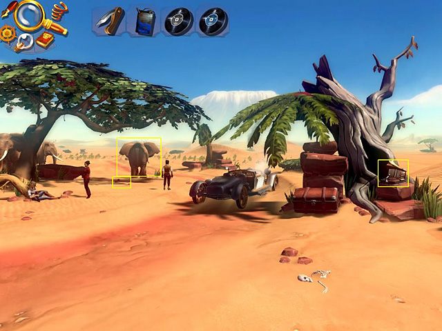 Teraz postaw przy uschniętym drzewie gramofon Eve - Dowiedz się, co popsuło się w aucie Carla i napraw to | Afryka, sawanna | Jack Keane 2 - Jack Keane 2: The Fire Within - poradnik do gry