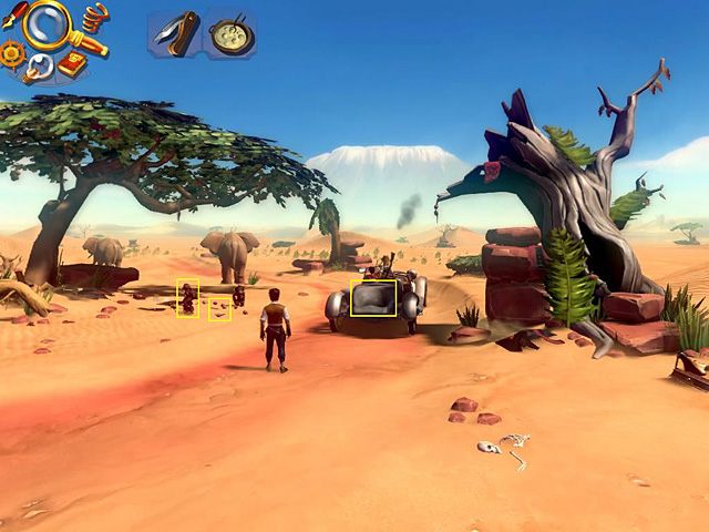 Teraz jedź samochodem na sawannę (2), gdzie rzuć ową zapiekankę przywódcy podchmielonych małp (samiec alfa) - Znajdź słaby punkt, by przechytrzyć Umbatiego | Afryka, sawanna | Jack Keane 2 - Jack Keane 2: The Fire Within - poradnik do gry