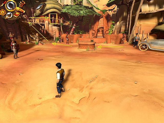 Kiedy sytuacja się uspokoi, wędruj po schodach (po lewej) na pomost przed chatą, gdzie stoi Akeem, i wypytaj go o amulet oraz wprawę na szczyt, po czym zaczep ponownie i zgłoś chęć wzięcia udziału w turnieju - dowiesz się, że musisz zostać przyozdobiony w barwy wojenne - Znajdź sposób, by wspiąć się na Kilimandżaro | Afryka, Koa Manyattan - Jack Keane 2: The Fire Within - poradnik do gry