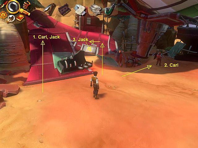 Teraz poproś Carla, by stanął na skrzydle zniszczonego zeppelina - Znajdź sposób, by wspiąć się na Kilimandżaro | Afryka, Koa Manyattan - Jack Keane 2: The Fire Within - poradnik do gry