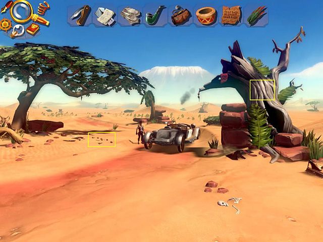 Weź przejrzałą figę z tego samego miejsca co poprzednio, a z pustego drzewa (po prawej) nożem zeskrob nieco kory - Przechytrz Łamacza Czaszek | Afryka, Koa Manyattan | Jack Keane 2 - Jack Keane 2: The Fire Within - poradnik do gry