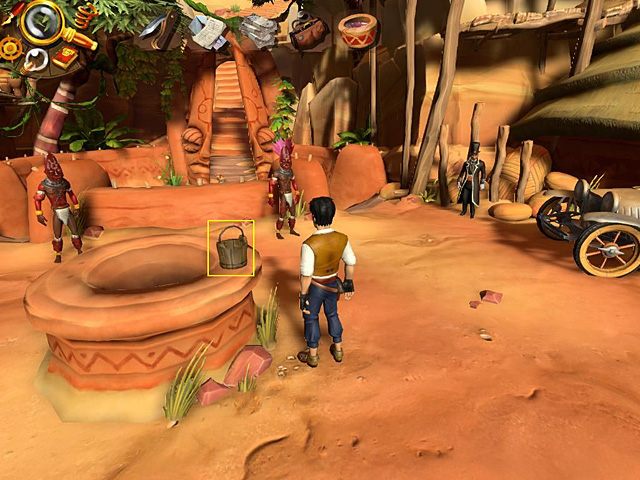 Podejdź do studni - zwróć uwagę, że Łamacz Czaszek po każdej walce przychodzi napić się wody ze stojącego na niej wiadra - Przechytrz Łamacza Czaszek | Afryka, Koa Manyattan | Jack Keane 2 - Jack Keane 2: The Fire Within - poradnik do gry