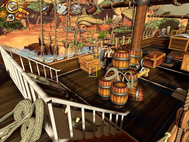 Musisz go tam jeszcze unieruchomić, udaj się więc na statek (pomostem po prawej; obok Amandy) i ze skrzyni po lewej weź trochę gwoździ, zabierz też leżący przy niej młotek - Przechytrz Łamacza Czaszek | Afryka, Koa Manyattan | Jack Keane 2 - Jack Keane 2: The Fire Within - poradnik do gry