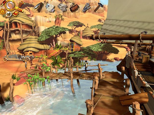 Użyj któregoś z tych narzędzi na toalecie (na prawo od samochodu), a Jack zapewni Chińczykowi dłuższy w niej pobyt - Przechytrz Łamacza Czaszek | Afryka, Koa Manyattan | Jack Keane 2 - Jack Keane 2: The Fire Within - poradnik do gry