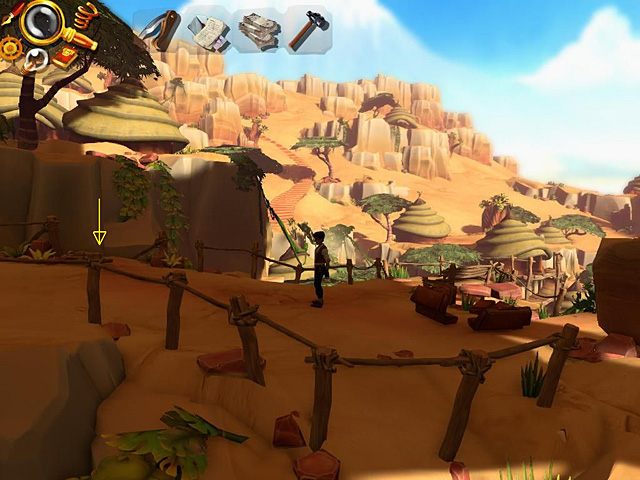 Wejdź dalej na płaskowyż i odszukaj wiodący w dół pomost (mniej więcej w połowie, po prawej) - Zwycięż w turnieju i zorganizuj ekwipunek dla ekspedycji na Kilimandżaro | Afryka, Koa Manyattan - Jack Keane 2: The Fire Within - poradnik do gry