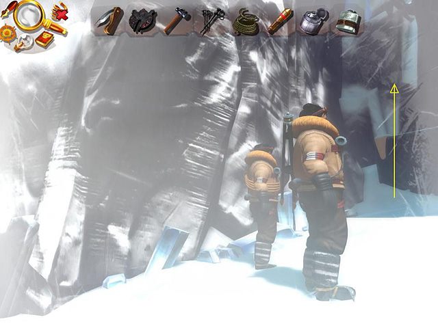 Kiedy dojdziecie z towarzyszką do końca drogi w lewo, wespnij się (stosowny kursor) na charakterystyczny kamiennych blok z ozdobnymi żłobieniami, potem na drugi (po lewej) i dalej wędruj w lewo, a następne w głąb ekranu, by dostać się jeszcze wyżej (kursor w kształcie drzwi) - Dotrzyj na szczyt góry | Afryka, Kilimandżaro | Jack Keane 2 The Fire Within - Jack Keane 2: The Fire Within - poradnik do gry