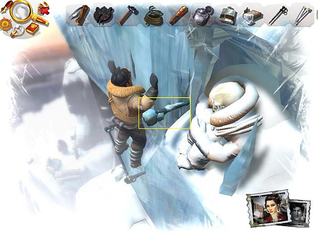 Znajdziesz się przy lodowej ścianie, w którą wetknij kolejno dwa haki - Dotrzyj na szczyt góry | Afryka, Kilimandżaro | Jack Keane 2 The Fire Within - Jack Keane 2: The Fire Within - poradnik do gry