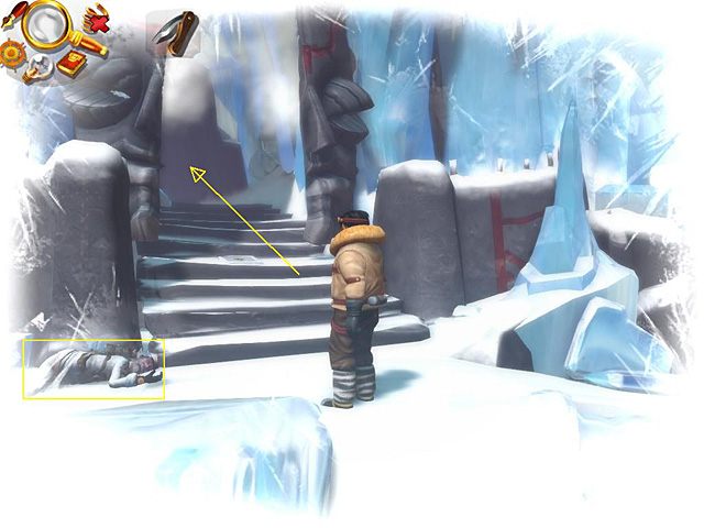 Następnie maszeruj w prawo, zauważ, że nieopodal wrót (po lewej) leży nieprzytomny wojak, przyjrzyj się mu - stanie się jasne, że zdrajczyni zabrała amulet - Otwórz wejście | Afryka, Kilimandżaro | Jack Keane 2 The Fire Within - Jack Keane 2: The Fire Within - poradnik do gry